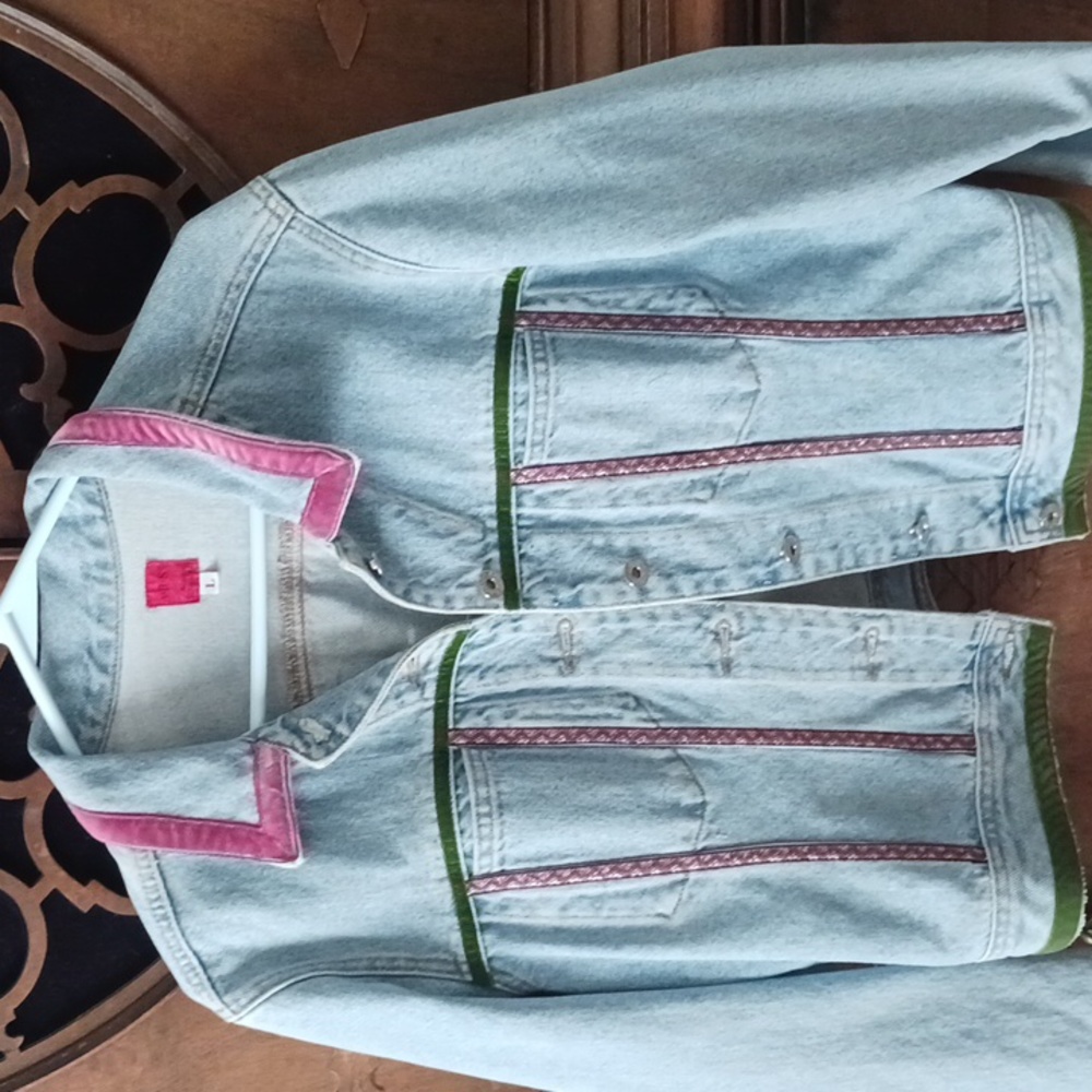 Blue Jean jacket- trimmed pink and gree